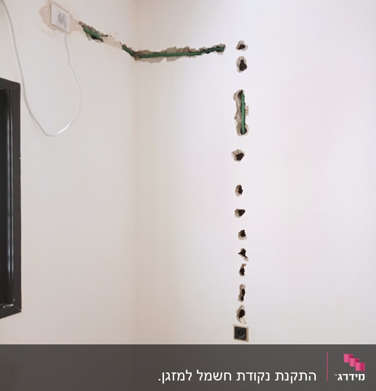 קיר עם חורים ותעלות לחשמל, שקע חשמלי